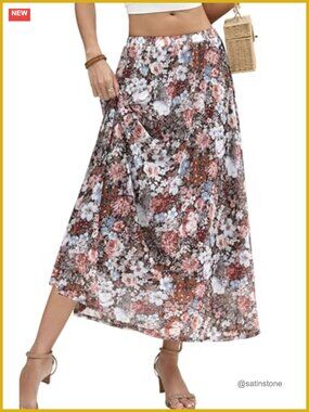 Boho Floral Mesh Maxi Skirt High Waisted Flowing